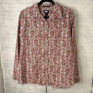 Lands' End Women's Button up Shirt Floral Paisley bohemian TradMom 3/4 Sleeve